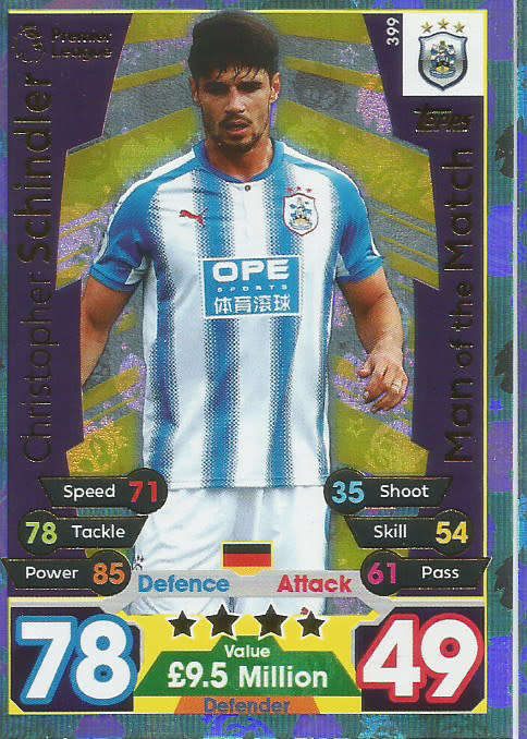 CHRISTOPHER SCHLINDER  - MATCH ATTAX 2017/18 - GOLD "MAN of the MATCH" TRADING CARD 399