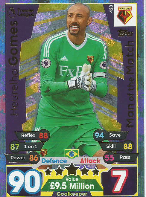 HEURELHO GOMES  - MATCH ATTAX 2017/18 - GOLD "MAN of the MATCH" TRADING CARD 428