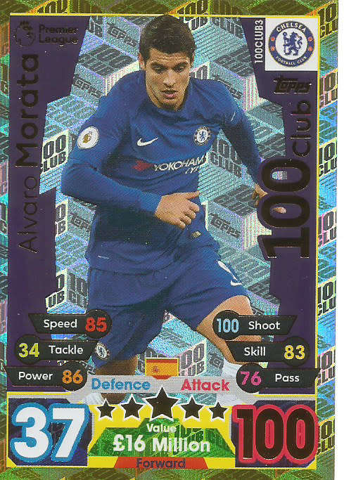 ALVARO MORATA - MATCH ATTAX EXTRA 2018 - GOLD "CLUB 100" TRADING CARD 100CLUB3