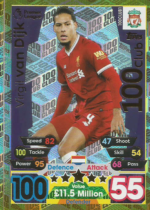 VIRGIL VAN DIJK - MATCH ATTAX EXTRA 2018 - GOLD "CLUB 100" TRADING CARD 100CLUB1
