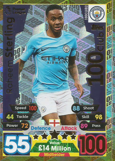 RAHEEM STERLING - MATCH ATTAX EXTRA 2018 - GOLD "CLUB 100" TRADING CARD 100CLUB2