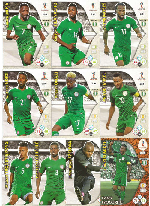 NIGERIA - PANINI FIFA WORLD CUP 2018 RUSSIA - COMPLETE TEAM OF 10 "BASE&FOIL" TRADING CARDS