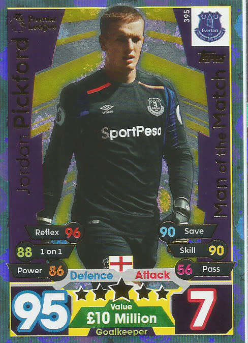 JORDAN PICKFORD  - MATCH ATTAX 2017/18 - GOLD "MAN of the MATCH" TRADING CARD 395