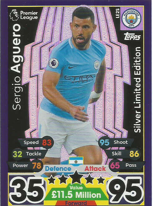 SERGIO AGUERO - MATCH ATTAX 2017/18 -  "SILVER LIMITED EDITION" TRADING CARD