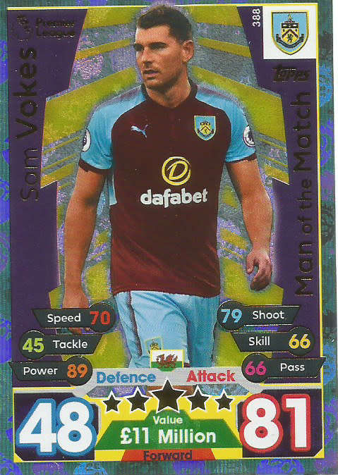 SAM VOKES  - MATCH ATTAX 2017/18 - GOLD "MAN of the MATCH" TRADING CARD 388