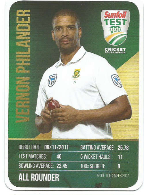 VERNON PHILANDER  - CRICKET SA - 2018 SUNFOIL SERIES ` TEAM PLAYER`  TRADING CARD