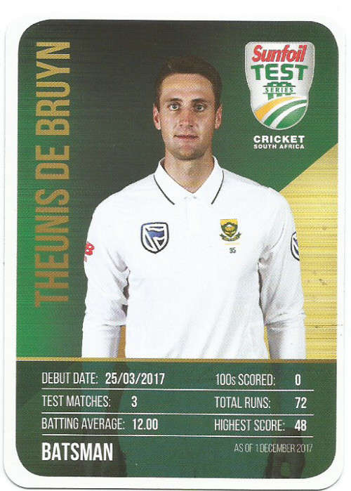 THEUNIS DE BRUYN  - CRICKET SA - 2018 SUNFOIL SERIES ` TEAM PLAYER`  TRADING CARD