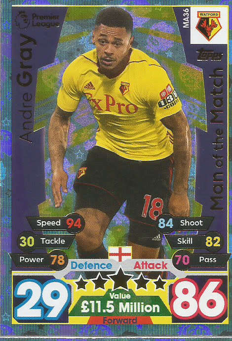 ANDRE GRAY  - MATCH ATTAX "EXTRA"  2018 - GOLD "MAN of the MATCH" TRADING CARD MA36