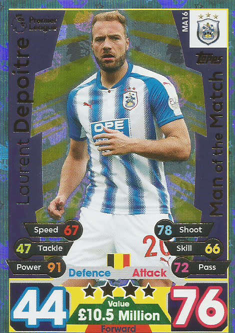 LAURENT DEPROITE  - MATCH ATTAX "EXTRA"  2018 - GOLD "MAN of the MATCH" TRADING CARD MA16