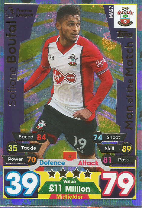 SOUFIANE BOUFAL  - MATCH ATTAX "EXTRA"  2018 - GOLD "MAN of the MATCH" TRADING CARD MA27