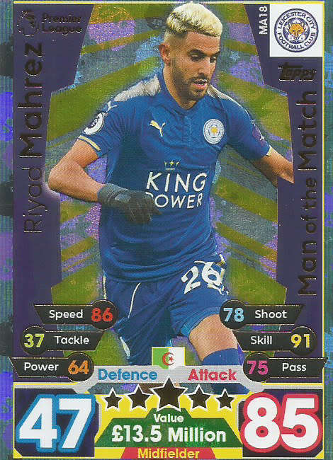RIYAD MAHREZ  - MATCH ATTAX "EXTRA"  2018 - GOLD "MAN of the MATCH" TRADING CARD MA18