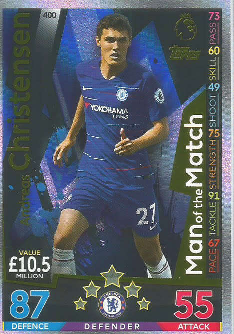 ANDREAS CHRISTENSEN - MATCH ATTAX 2018/2019 - GOLD "MAN of the MATCH" TRADING CARD 400