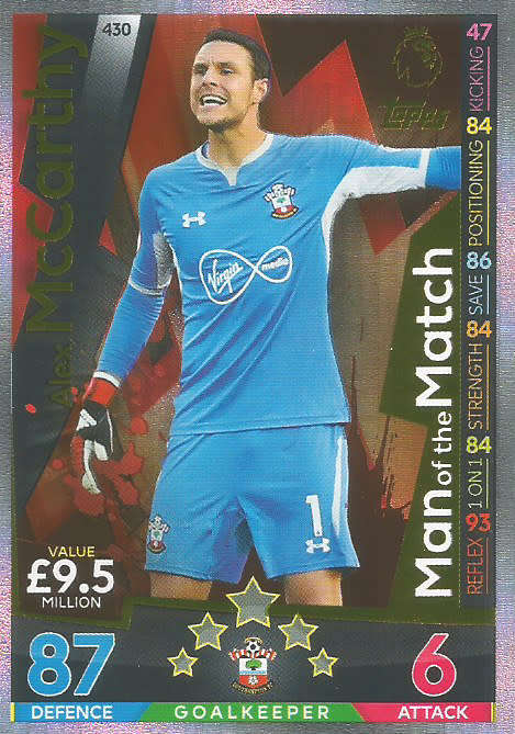ALEX McCARTHY - MATCH ATTAX 2018/2019 - GOLD "MAN of the MATCH" TRADING CARD 430