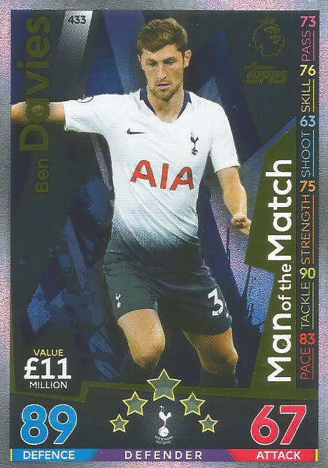 BEN DAVIES - MATCH ATTAX 2018/2019 - GOLD "MAN of the MATCH" TRADING CARD 433
