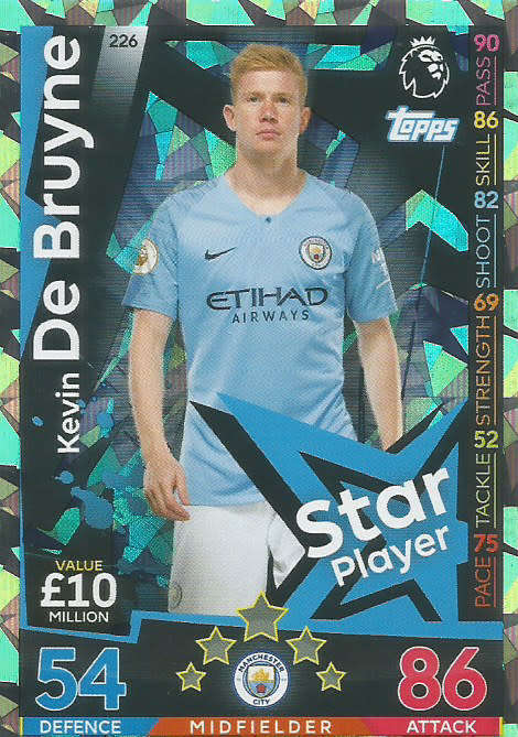 KEVIN DE BRUYNE -TOPPS `MATCH ATTAX 2018/2019` - SILVER `STAR PLAYER` TRADING CARD