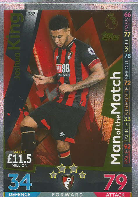 JOSHUA KING - MATCH ATTAX 2018/2019 - GOLD "MAN of the MATCH" TRADING CARD 387