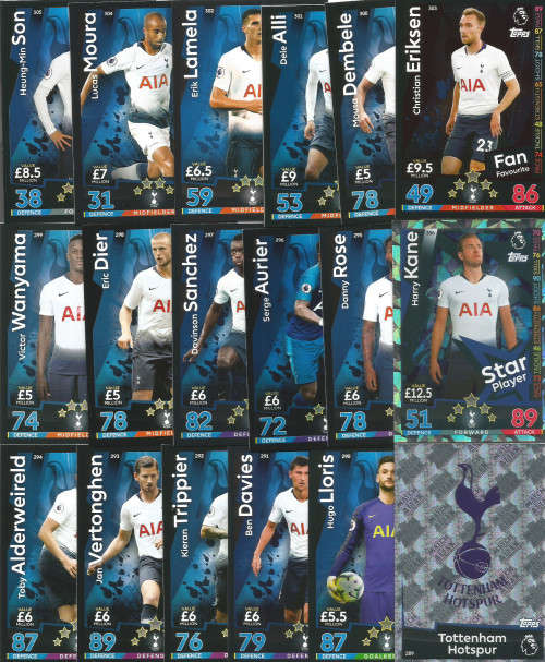 TOTTENHAM HOTSPURS FC - MATCH ATTAX 2018/2019 - COMPLETE 18 "BASE & FOIL"  TRADING CARD SET