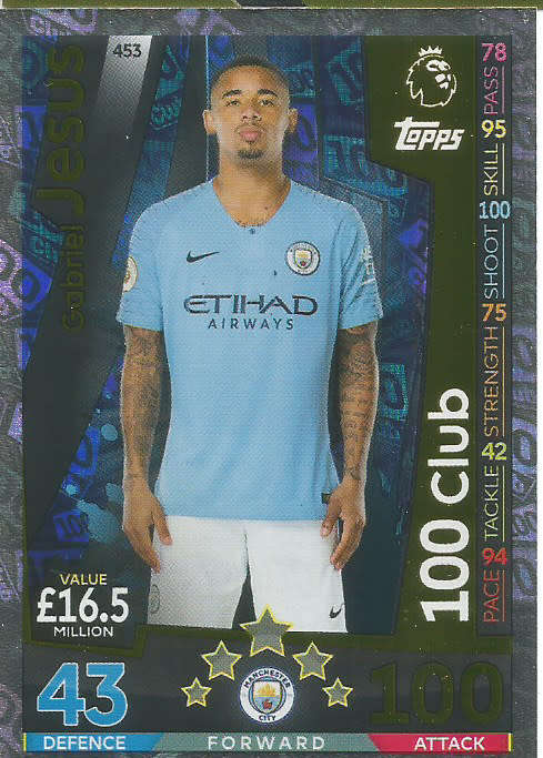 GABRIEL JESUS - MATCH ATTAX 2018/2019 - GOLD "CLUB 100" TRADING CARD 453