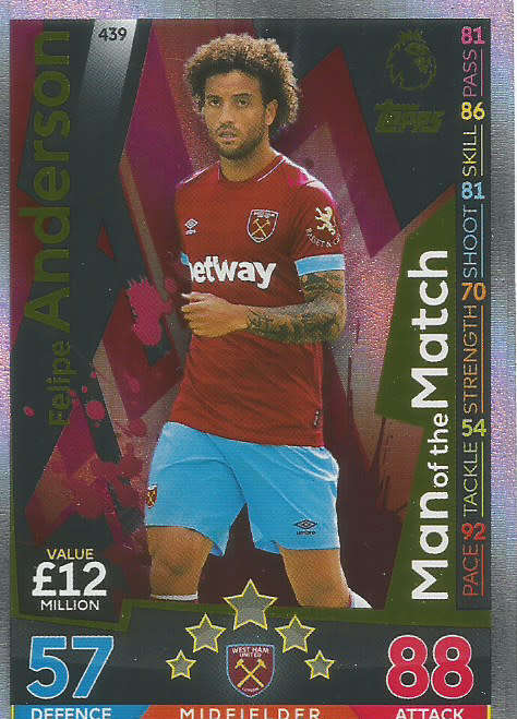 FILIPE ANDERSON - MATCH ATTAX 2018/2019 - GOLD "MAN of the MATCH" TRADING CARD 439