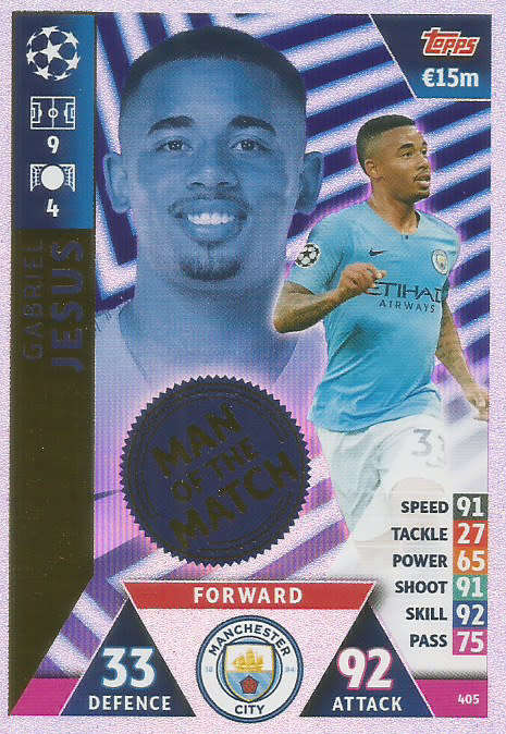 GABRIEL JESUS - TOPPS CHAMPIONS LEAGUE 2018/19 -  `MAN of the MATCH` FOIL TRADING CARD 405