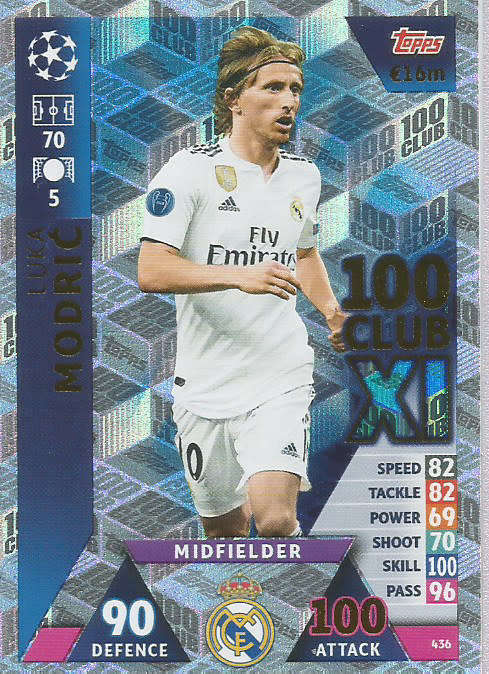 LUKA MODRIC - TOPPS `CHAMPIONS LEAGUE` 2018/19 -  `CLUB 100` FOIL TRADING CARD 436