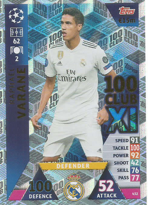 RAPHAEL VARANE - CHAMPIONS LEAGUE 2018/19 -  "CLUB 100" FOIL TRADING CARD 432