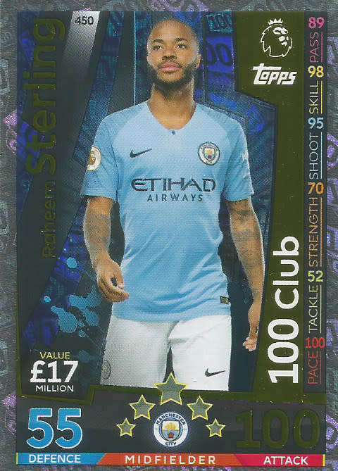 RAHEEM STERLING - MATCH ATTAX 2018/2019 - GOLD "CLUB 100" TRADING CARD 450