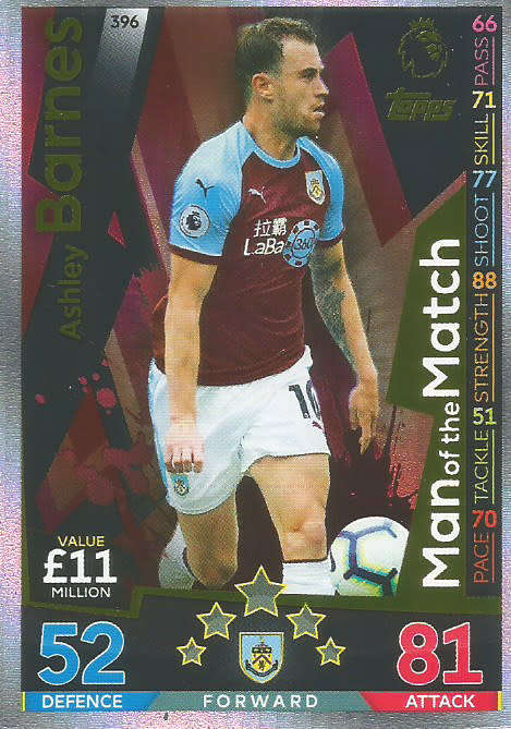 ASHLEY BARNES - MATCH ATTAX 2018/2019 - GOLD "MAN of the MATCH" TRADING CARD 396