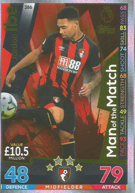JORDAN IBE - MATCH ATTAX 2018/2019 - GOLD "MAN of the MATCH" TRADING CARD 386