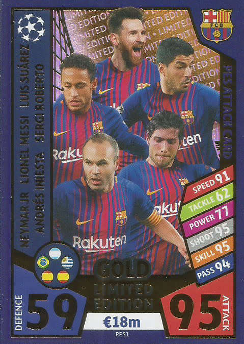 BARCELONA - CHAMPIONS LEAGUE 2017/18 - GOLD "LIMITED EDITION" TRADING CARD PES1