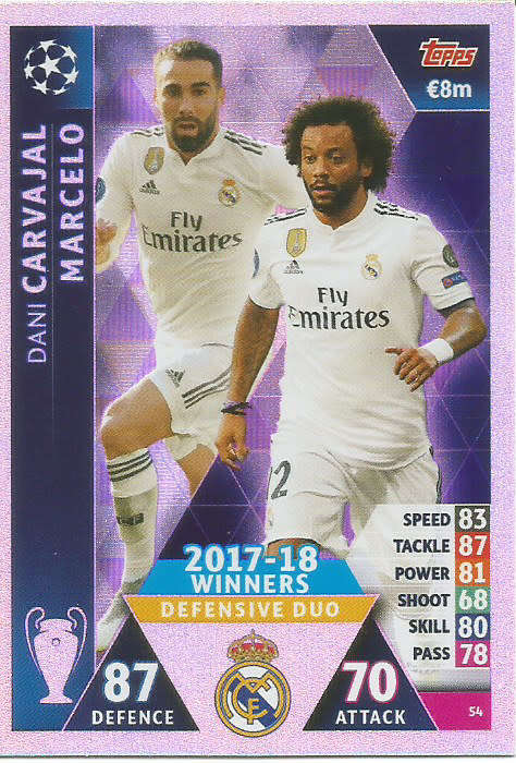 REAL MADRID - CHAMP. LEAGUE 2018/19 - RARE "DEFENSIVE DUO" BLUE FOIL TRADING CARD 54