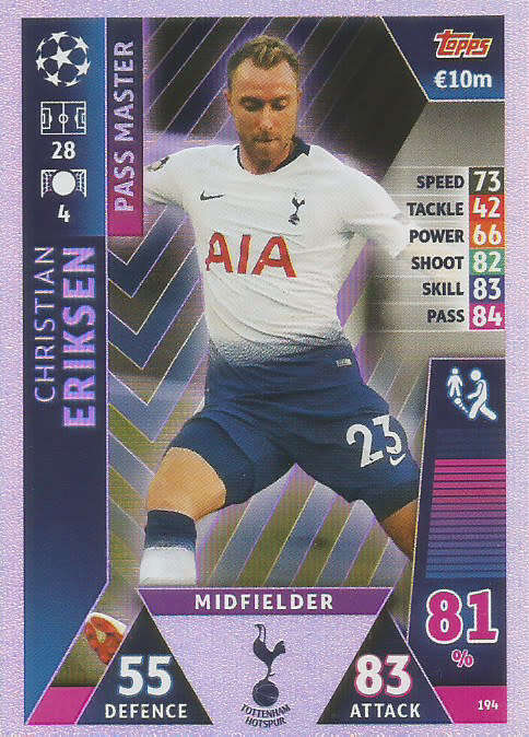 CHRISTIAN ERIKSEN - CHAMPIONS LEAGUE 2018/19 -  "PASS MASTER" FOIL TRADING CARD 194
