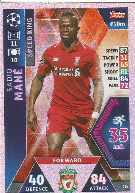 SADIO MANE - CHAMPIONS LEAGUE 2018/19 -  "SPEED KING" FOIL TRADING CARD 214