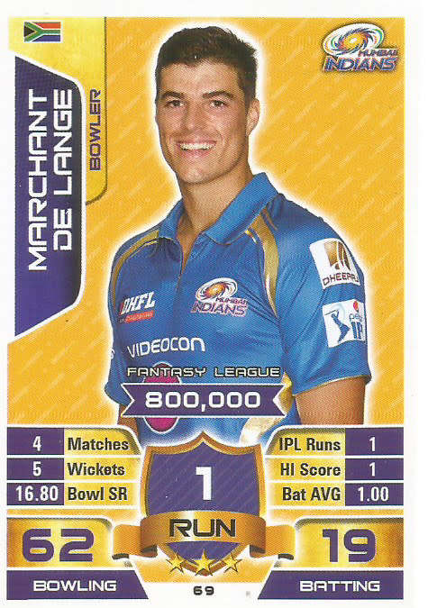 MARCHANT DE LANGE - IPL CRICKET ATTAX 2015/16 - "BASE" TRADING CARD 69