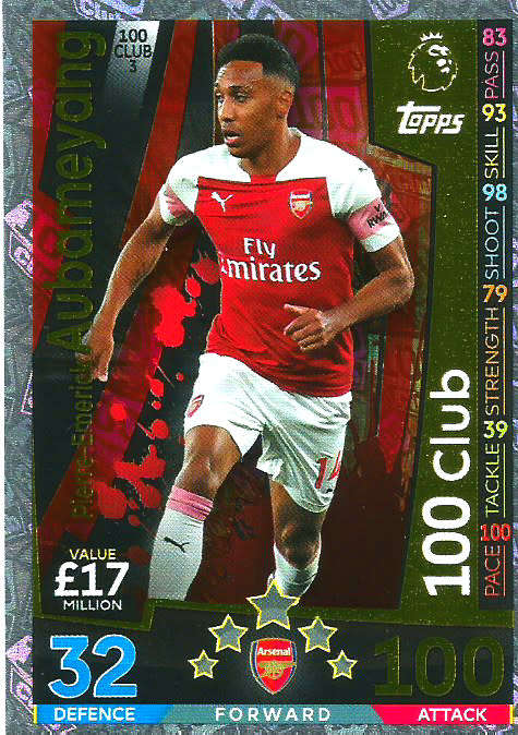 PIERRE AUBAMEYANG - MATCH ATTAX EXTRA 2019 - GOLD "CLUB 100" TRADING CARD