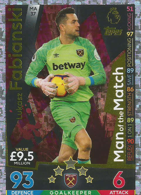 Lukasz Fabianski Match Attax Extra 2019 Gold "Man of the Match" Trading Card MA37
