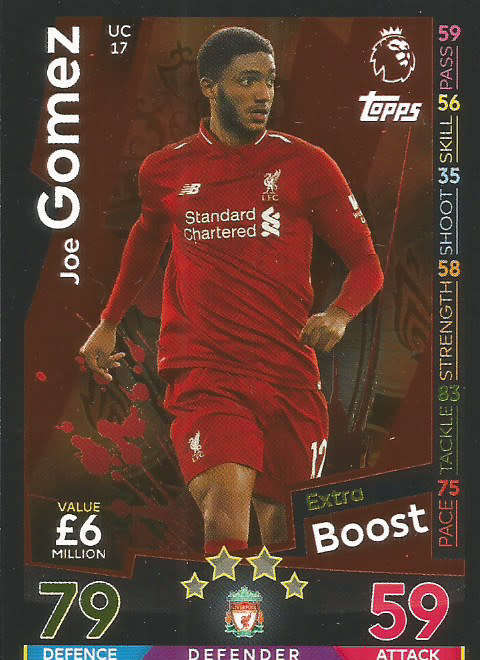 JOE GOMEZ - MATCH ATTAX EXTRA 2019 - BRONZE "EXTRA BOOST" TRADING CARD UC17