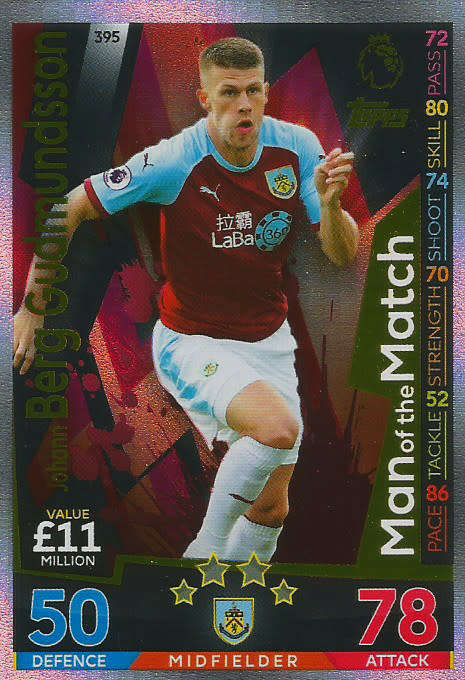 BERG GUDMUNDSSON - MATCH ATTAX 2018/2019 - GOLD "MAN of the MATCH" TRADING CARD 395