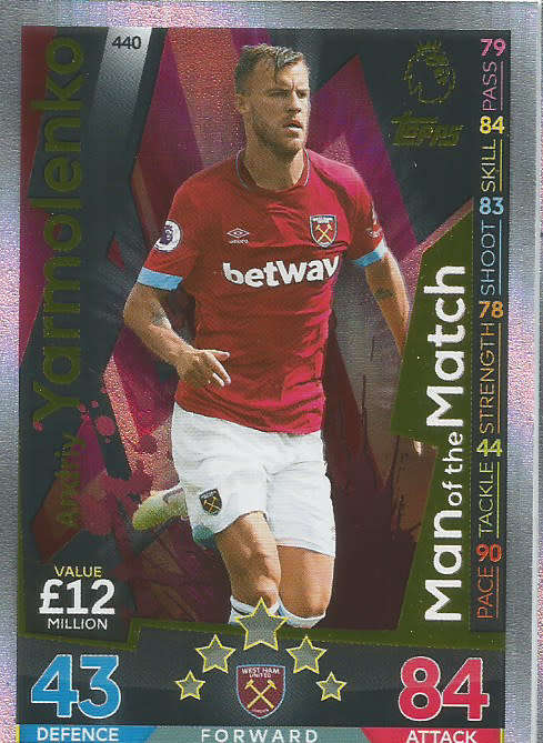 ANDRIY YARMOLENKO - MATCH ATTAX 2018/2019 - GOLD "MAN of the MATCH" TRADING CARD 440