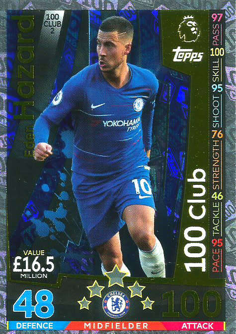EDEN HAZARD - MATCH ATTAX EXTRA 2019 - GOLD "CLUB 100" TRADING CARD