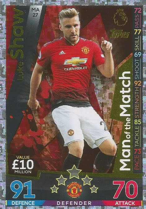 LUKE SHAW - MATCH ATTAX EXTRA 2019 - GOLD "MAN of the MATCH" TRADING CARD MA27