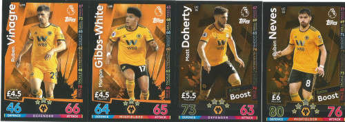 WOLVERHAMPTON WANDERERS FC - MATCH ATTAX EXTRA 2019 - COMPLETE 4 "BASE & FOIL"  TRADING CARD SET