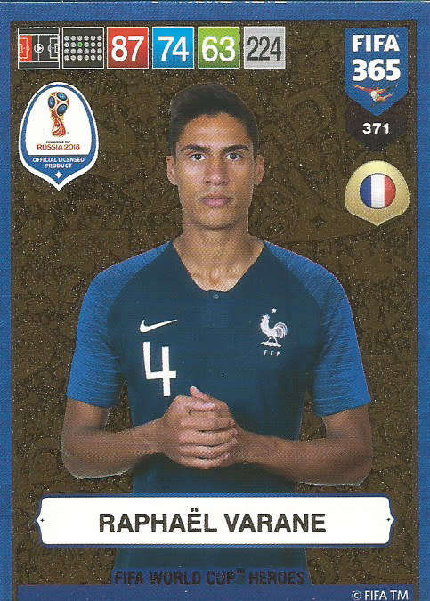 RAPHAEL VARANE - FIFA 365 2019 EDITION - PANINI 2019 - GOLD FOIL `W/CUP HEROES` TRADING CARD 371