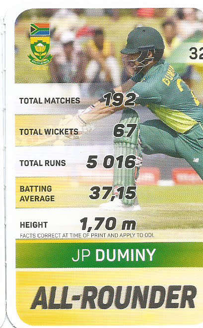 JP DUMINY - PICK&PAY "S.A. CRICKET SUPERCARDS"  TRADING CARD 32