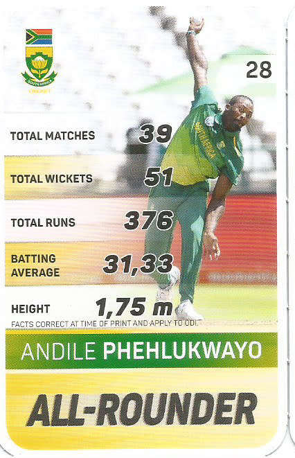 ANDILE PHEHLUKWAYO - PICK&PAY "S.A. CRICKET SUPERCARDS"  TRADING CARD 28