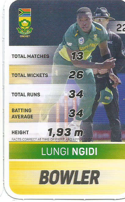LUNGI NGIDI - PICK&PAY "S.A. CRICKET SUPERCARDS"  TRADING CARD 22