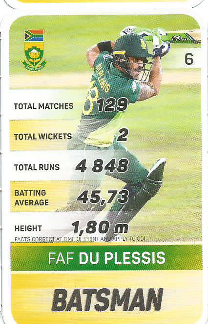 FAF DU PLESSIS - PICK&PAY "S.A. CRICKET SUPERCARDS"  TRADING CARD 6