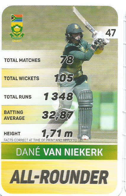 DANE VAN NIEKERK - PICK&PAY "S.A. CRICKET SUPERCARDS"  TRADING CARD 47