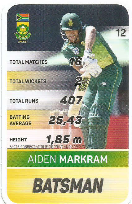 AIDEN MARKRAM - PICK&PAY "S.A. CRICKET SUPERCARDS"  TRADING CARD 12