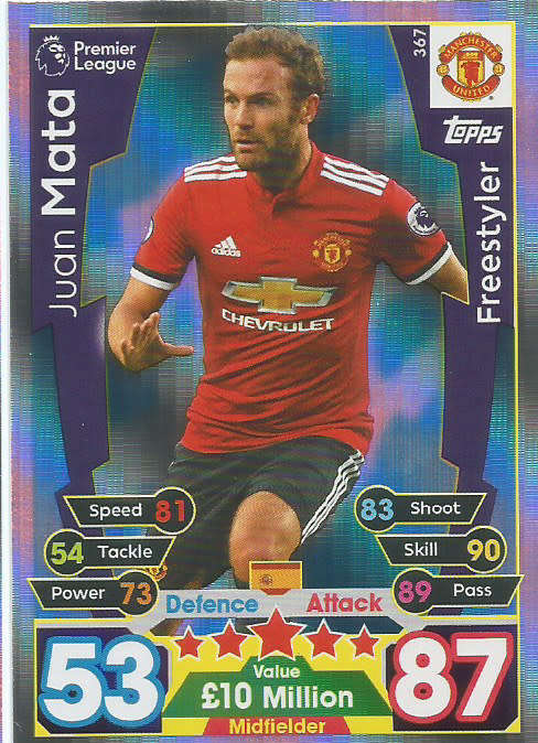 JUAN MATA  - MATCH ATTAX 2017/18 - SILVER "FREESTYLER" TRADING CARD 367
